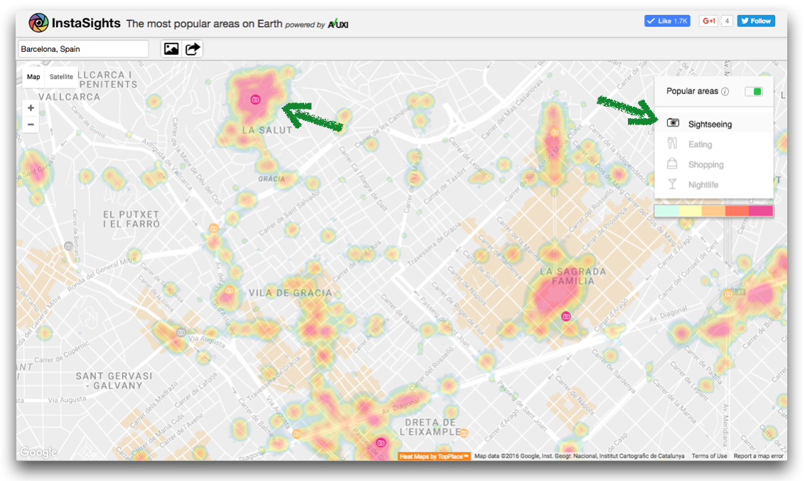 AVUXI’s TopPlace shows also very popular Sightseeing areas (not highlighted on Google Maps), like the famous Park Güell in Barcelona.