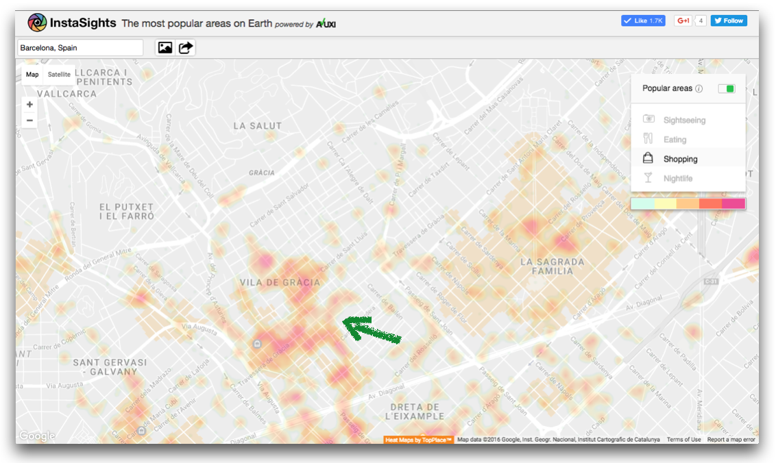 Popular Shopping areas by TopPlace: Vila de Gracia is a smaller “area of interest” on Google, but according to TopPlace it has more popular shopping hotspots than there is in the “larger” Sagrada Familia area. 