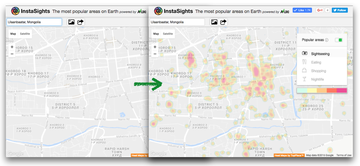 Worldwide coverage: TopPlace vs Google Maps comparison – Ulaanbaatar, Mongolia.